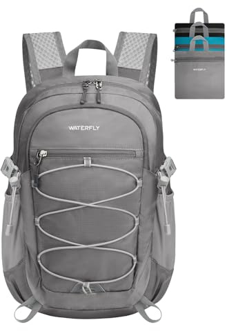 WATERFLY Small Lightweight Packable Backpack: 15L Mini Ultra Light Foldable Travel Daypack with Breathable Shoulder Strap Outdoor Hiking Camping Day Pack for Women Men Gray
