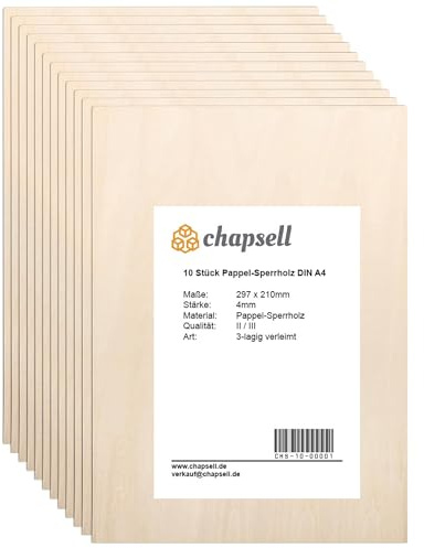 chapsell Sperrholzplatten A4 (10 Stück) – 297x210x4mm Pappelsperrholz – Qualität II/III, glatt geschliffen & formstabil – Holzplatten für Basteln, Lasercut, Gravur, Modellbau, Möbelbau, DIY & Handwerk