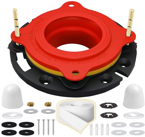 Universal Toilet Flange Repair Kit TF02-RI – Includes Flange, Elastic Wax Ring Gasket & Waterproof Sealing Tape with Brass Bolts, Better Than Toilet Wax Seal, Double Sealing Protection