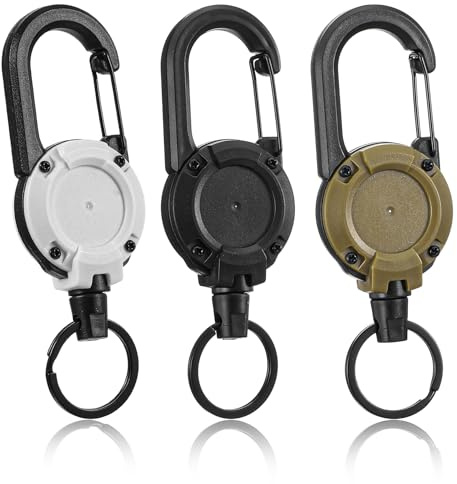 3 Pack Retractable Lanyard Clip, Retractable Keyring with ID Badge Reel, Secure Keys for Outdoor, Office & Travel (Black, White, Khaki)