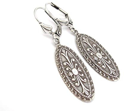 Art Nouveau Antiqued Brass Earrings Silver-tone Dangle Drop Art Deco Bridesmaid Gift Bridal Wedding Jewelry