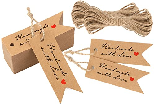 Handmade With Love Etichette in Carta Kraft 100pezzi Tag Regalo 7 * 2,5cm per l'artigianato Bomboniere Natale Ringraziamento, con Spago di Iuta (Marrone)