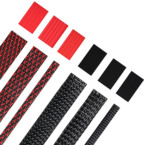 Xuniea 96ft Wire Loom Braided Cable Sleeve Covers Cord Management with 127 Pcs Tube Heat Shrinkable for Audio Video Cable Cord Protectors from Pets (1/2, 1/4, 3/8 Inch,Black and Red)