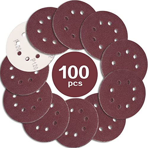 STEBRUAM 100PCS 125mm Sanding Discs 120 Grit, 5 Inch 8 Hole Hook and Loop Sanding Pads for Random Orbital Sander