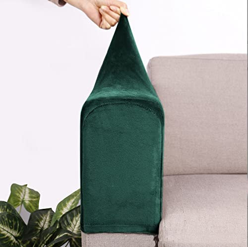 Set of 2 Spandex Armrest Covers Anti-Slip Couch Arm Covers Thick Velvet Armchair Slipcovers Removable Armchair Covers for Sofas Recliner Chairs Office,Dark Green