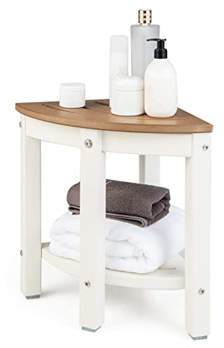COSTWAY Taburete de Ducha de Esquina, Banco Impermeable de Baño con Estante de Almacenamiento de Madera, Asiento Bañera Adulto para Ducha para Uso en Interiores y Exteriores (Diseño 2)