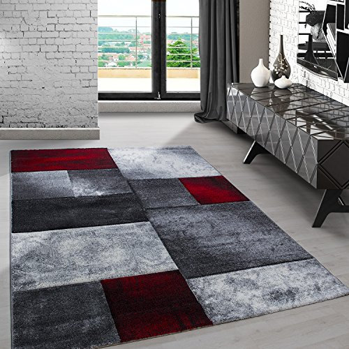 Carpetsale24 Teppich 140x200 cm – Kurzflor Konturenschnitt in Rot Grau Weiß – Kariertes Design, Waschbar, Pflegeleicht, Extra Weich – Für Wohnzimmer, Schlafzimmer, Esszimmer