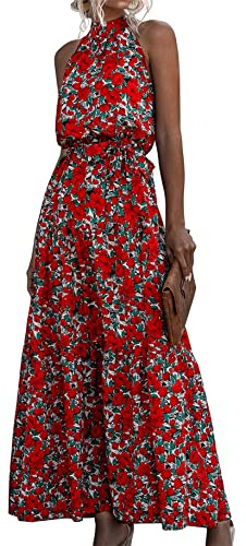 YMING Las Mujeres De Verano En Capas Maxi Vestidos Casual Loose Flower Dress Vestido Sin Mangas con Cuello Halter Flores Rojas 3XL