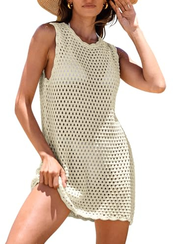 ANRABESS Womens Swimsuit Cover Up Sleeveless Knit 2026 Summer Outfits Swimwear Bathing Suit Coverup Crochet Beach Dress Apricot Medium