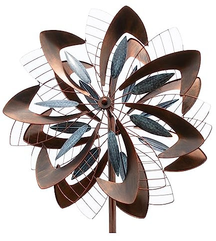 LEMODO Windrad Dandelion mit gegenläufigen Rotoren | Gartendeko in 2 Höhen aufbaubar | Gartenstecker mit 213 cm Höhe | Windmühle in Kupferoptik | Windskulptur mit Charme