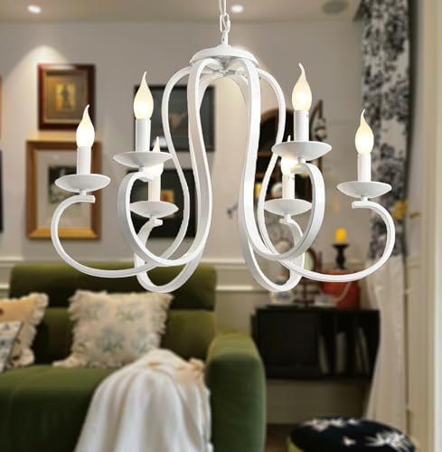 Riohan Rustikaler Land Kronleuchter Weiß, Kronleuchter Vintage Kerze Schmiedeeisen, 6 Lichter Kronleuchter Deckenleuchte Bauernhaus Klassische Pendelleuchte Hanging für Esstisch Küche Wohnzimmer