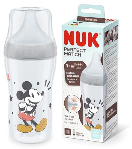 NUK Perfect Match Babyflasche | Ab 3 Monate | Passt sich dem Baby an | Temperature Control | Anti-Colic | 260 ml | BPA-frei | Silikontrinksauger, Medium | Disneys Micky Maus [grau]