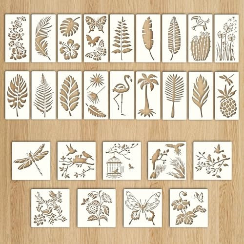 Sxutop 27 Stück Blatt Blätter Schablone Wiederverwendbar Malschablonen Blumen Vögel Bäume Pflanzen Blatt Malerei Schablonen Kunststoff für Scrapbooking Basteln DIY Wand