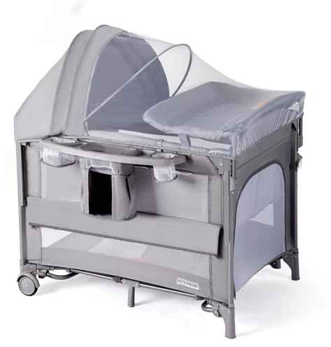 JOYMOR 9 in 1 Bedside Bassinet with Changing Table, Pack and Play with Bassinet, Convert to Rocking Baby Bed with Electric Music Center, Mosquito Net, Storage, Gray