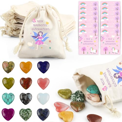 12 pietre preziose portafortuna per l'inizio della scuola 2025, unicorno/fiaba, regalo per l'inizio della scuola, con sacchetti di iuta e carte magiche, riempimento per sacchetti di scuola o