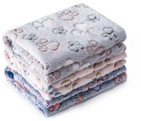 1 Pack 3 Blankets Super Soft Fluffy Premium Fleece Pet Blanket Flannel Paw Printed Throw for Dog Puppy Cat (Small 23x16'', Beige, Grey, Navy)