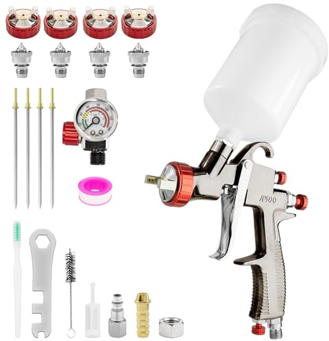 R500 LVLP Pistola a spruzzo Pistola Verniciatura Professionale ad aria compressa con 4 ugelli da 1,3/1,5/1,7/2,0 mm e regolatore d'aria Pistola da Spruzzo per auto e fai da te domestico (4 ugelli)