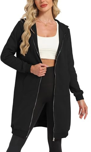 Timuspo lång huvjacka för kvinnor, mjuk och lös sweatjacka, enfärgad, dragkedja, huvtröja, överdimensionerad varm tröja, jacka, huvtröja med fickor, svart, L