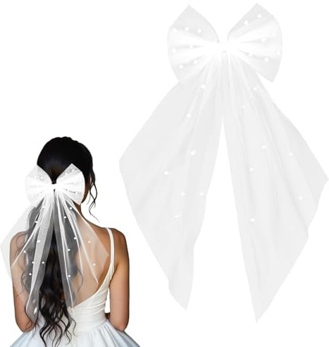 Veil Hen Party,Hen Do Veil,White Pearl Girl Headwear Bachelorette Parties Accessories Bride Wedding & Holy Communion Veils for Bridal,Bridesmaid,Girls Butterfly Short Tulle Hair Bow Clip(40cm-50cm)