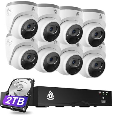 Akinguar 4K PoE Kit Camaras de Seguridad, 8X 8MP Cámaras IP de Vigilancia Exterior, 8CH NVR con 2TB HDD para Grabación 24/7, Detección de Persona/Vehículo,Visión Nocturna 30m,Audio Bidireccional, IP66