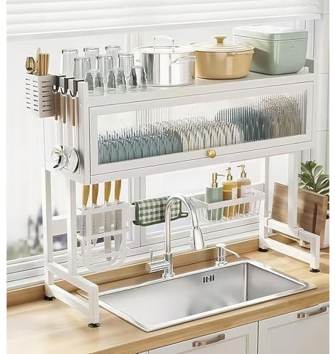 Scola piatti 2 Ripiani con Coperchio Regolabile Grande Scolastoviglie da Lavello - Capienza Large Organizzatore Cucina per Piatti, Bicchieri, Ciotole e Posate(White,105cm)
