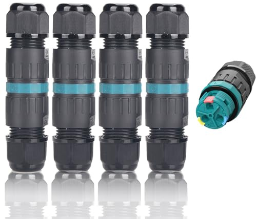 Cable Connector Waterproof IP68 4 Pack Diameter 4 mm Diameter 12 mm TÜV Certification Connection Sleeve with Clamp Outdoor 3-Pin for Garden Outdoor Floor 2-Way Waterproof Junction Box, Black (4 Pack)