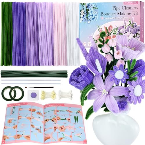 Funtopia Pfeifenreiniger Blumen Bastelset, 540 Stück Pfeifenputzer zum Basteln mit 15 Blumen-Designs Anleitung, Chenilledraht, Blütenstempel, Blumendraht & Klebeband, DIY Blumenstrauß, Lila & Violett