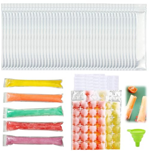 CATZUM 100 Sacchetti Ghiaccioli + Imbuto Pieghevole | Kit per Cubetti e Ghiaccioli DIY. Include 10 Fogli Sacchetti Cubetti Ghiaccio (240pz). Usa e Getta, Perfetto per Snack, Yogurt, Frullati.