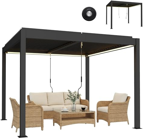 Outsunny Pergola 3 x 3 m in alluminio con illuminazione a LED, telecomando regolabile, tetto lamellare per drenaggio, resistente alle intemperie, gazebo da giardino, grigio scuro