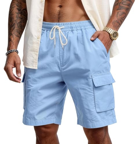Short Cargo Homme Lin Été Décontracté Pantalon Court Bermuda Cargo Homme Taille élastique avec Cordon de Serrage