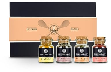 Ankerkraut Geschenk-Set 'Kitchen Basics', Grundausstattung für jede Küche, Basisgewürze, perfekt für Umzugs- und Einweihungsparties, mit 4 Korkengläsern
