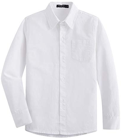 Spring&Gege Long Sleeve Boys' School Shirts Generous Fit School Uniform Cotton Non-Iron Button-Down Shirts Boys Wedding Party Suit(White,13-14Years)