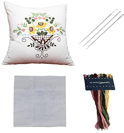 Colcolo DIY Stickerei Kissenbezüge Kit Halbfertige Bunte Fäden Kissenbezug Kit Material, Gewebe Blumenmuster Kits für Schlafzimmer Dekoratives Geschenk, Weiß