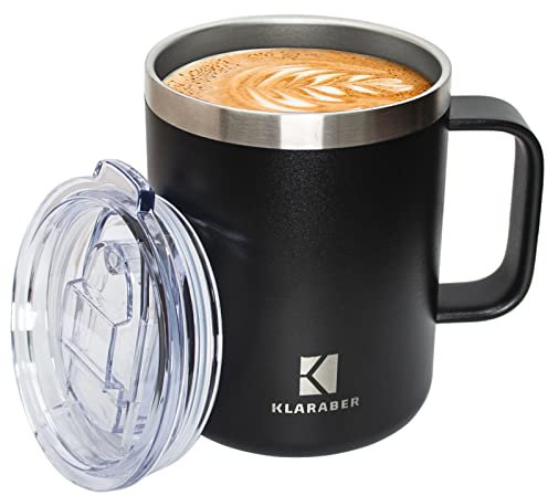 Thermobecher mit Henkel, 350ml Isolierbecher mit Griff und Deckel, Thermo Kaffeebecher to go, Doppelwandiger Edelstahltasse, Vakuumisolierung, Spülmaschinenfest (Schwarz)