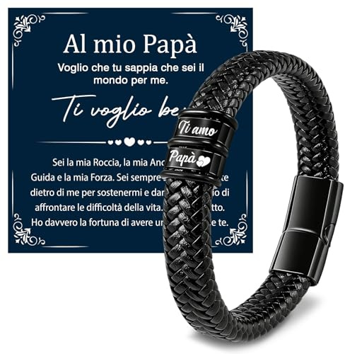 Meleager Bracciale Uomo con Incisione Ti Amo Papà, Regalo per Papà/Nonno per Festa del Papà/Natale/Compleanno, Bracciale in Pelle da 21,5cm