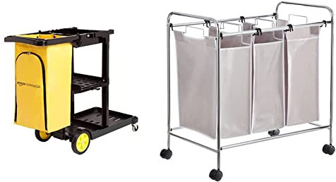 Carrello per pulizia AmazonCommercial, con sacco con zip, 2 ripiani & Amazon Basics - Carrello raccogli biancheria con 3 sacchi