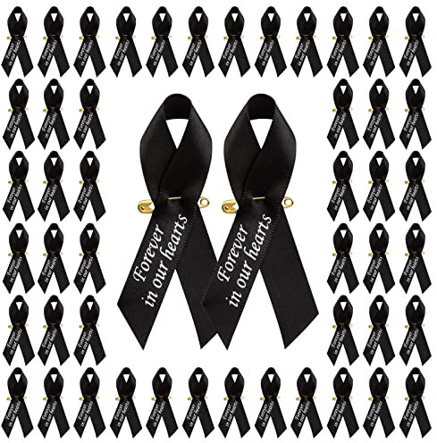 CRAFFANCY 100 Pcs Black Ribbon Pins, Memorial Ribbon in Forever in Our Hearts Ribbons for Funeral Event Bereavement Remembrance Service