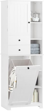 SoBuy Badezimmerschrank mit Wäschekorb Schmaler Badschrank Hoch Badregal Stehend mit 6 Ablagen und 2 Schubladen Wäscheschrank Schmal für Badezimmer Nische Weiß 60x37x171 cm BZR104-W