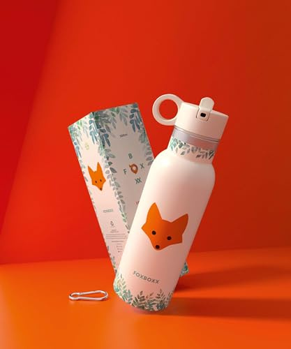FOXBOXX Trinkflasche Isoliert | 0,5l - Edelstahl Premium | FOX pulverbeschichtet + Stahl-Karabiner/Thermosflasche Kinder | Sportcap panna cotta