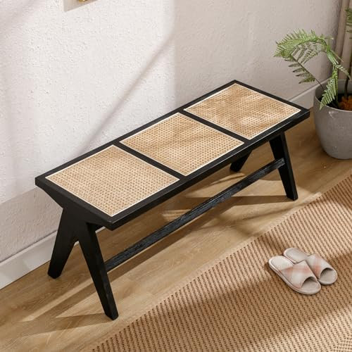 chairus Ottomane Esszimmerbank aus Geflochtenen Rattan mit Massivholzbeinen Küchenbank im Landhaus-Stil Schlafzimmer Eingang Sitzbank (Schwarz)