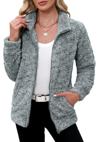 BesserBay Veste d'hiver chaude à col montant en polaire pour femme avec poches entièrement zippées, taille S à XXL, gris, L