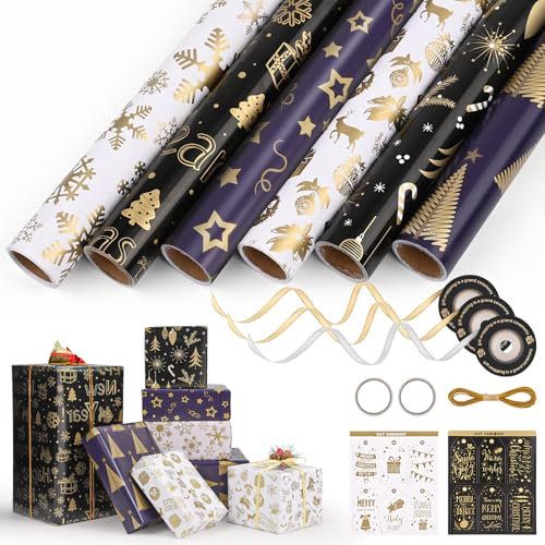 6 Rollen Geschenkpapier Weihnachten, GuKKK 43 x 300cm Schwarz Weiß Geschenkpapierrolle, Weihnachtsgeschenkpapierrolle mit Aufklebern und Schleifenband, Weihnachtspapier Set für Geschenkverpackung
