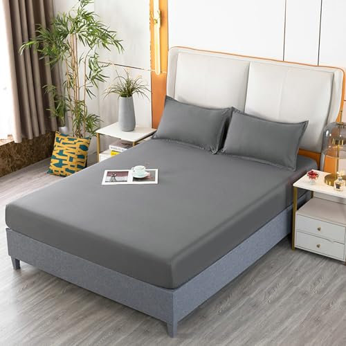 Mesnt Spannbetttuch 180 x 220, Gewaschene Baumwolle Einfarbig Bettzeug Spannbettlaken MatratzenüBerzug, Dunkelgrau