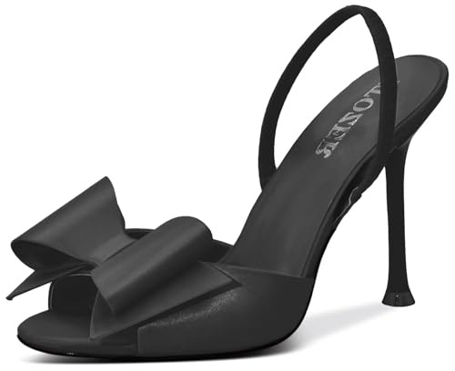 ITOZER Satin High Heels Slingback Open Toe Mules Sandals Bow Stiletto Sexy Heels Comfortable Wedding Party Shoes，Black,Size 8.5