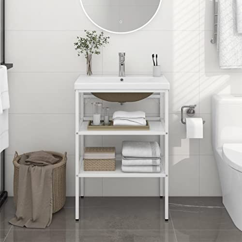 CFODOJ Cabinets & Storage,Vanity Units,Bathroom Vanity Units-home-Bathroom Washbasin Frame with Built-in Basin White Iron