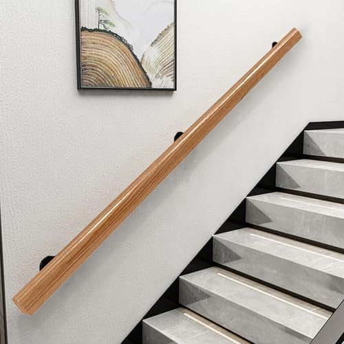 Wooden Handrails for Stairs, Non Slip Stair Railings with Bracket, Wood Banister Staircase Hand, Wall Mounted Decoration Stair Handrail, Corridor Support Rod with Grab Bar Kit (Wood Color, 220cm)