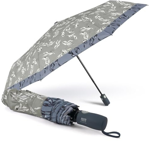 PERLETTI Ombrello Pieghevole Antivento Donna con Fiori - Ombrello Compatto da Borsa Resistente Apri Chiudi Automatico - Ombrellino Ragazza da Viaggio Robusto - Diametro 98 cm (Grigio Bordo Blu)