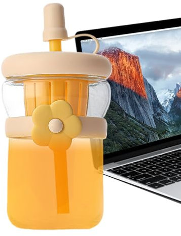 XIAOXIAOYU Glas drickflaska – klar glasdrickflaska med koppfunktion – läckagesäker behållare med lock och sugrör, stort kaffeglas för hem, sport och resor