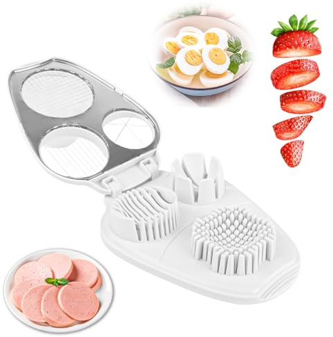 Cortador Huevos Duros 3-en-1, Cortador de Huevos Cocidos en Acero Inoxidable, Corta Huevo Cocidos Profesional Apto para Lavavajillas Herramienta de Corte de Huevs para Kiwi, Fresas