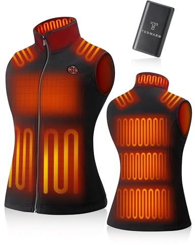TODWARM Polaire Gilet Chauffant Femme Avec Batterie Incluse 16000mAh 7.4V, 15 Zones Léger Veste Chauffante Femme 3 Température Pour Ski Chasse Trail Pêche Activités Noir S